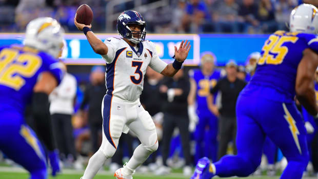 Dec 10, 2023; Inglewood, California, USA; Denver Broncos quarterback Russell Wilson (3) throws against the Los Angeles Chargers during the second half at SoFi Stadium. Mandatory Credit: Gary A. Vasquez-USA TODAY Sports